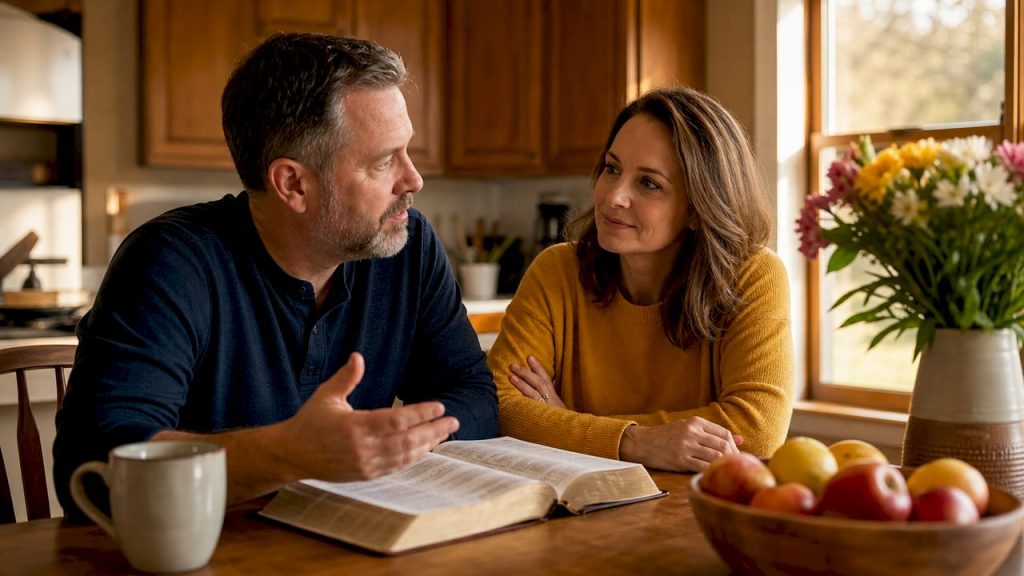 Christian couple discussing marriage communication
