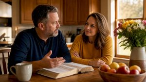 Christian couple discussing marriage communication