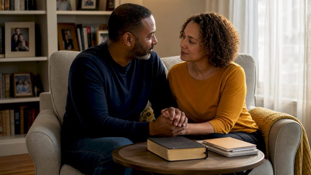 Couple calmly discussing marriage conflict with Bible