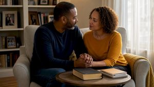Couple calmly discussing marriage conflict with Bible