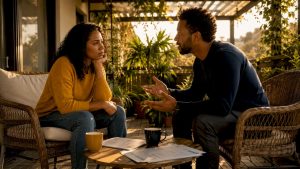 Couple discussing stress at kitchen table