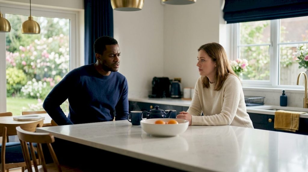 Couple tense at kitchen table during argument