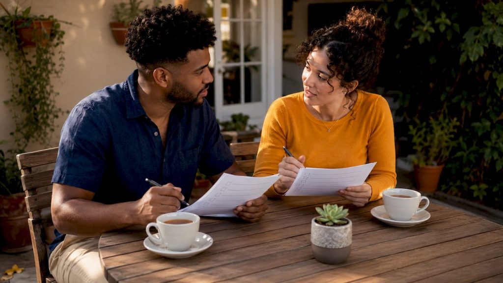 Engaged couple discussing premarital checklist