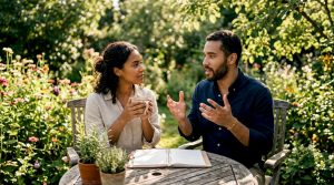 Newlywed couple having a thoughtful kitchen discussion