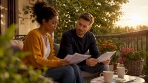 Engaged couple discussing conflict resolution skills