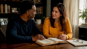 Couple calmly discussing scripture together