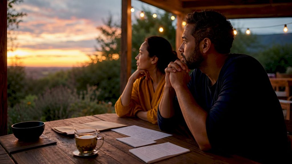 Couple sitting with emotional distance at kitchen table
