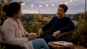 Couple gently repairing relationship after fight