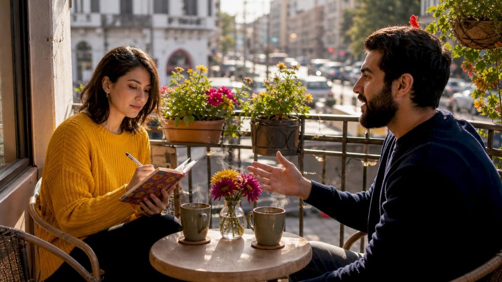 Couple discussing communication patterns at kitchen table
