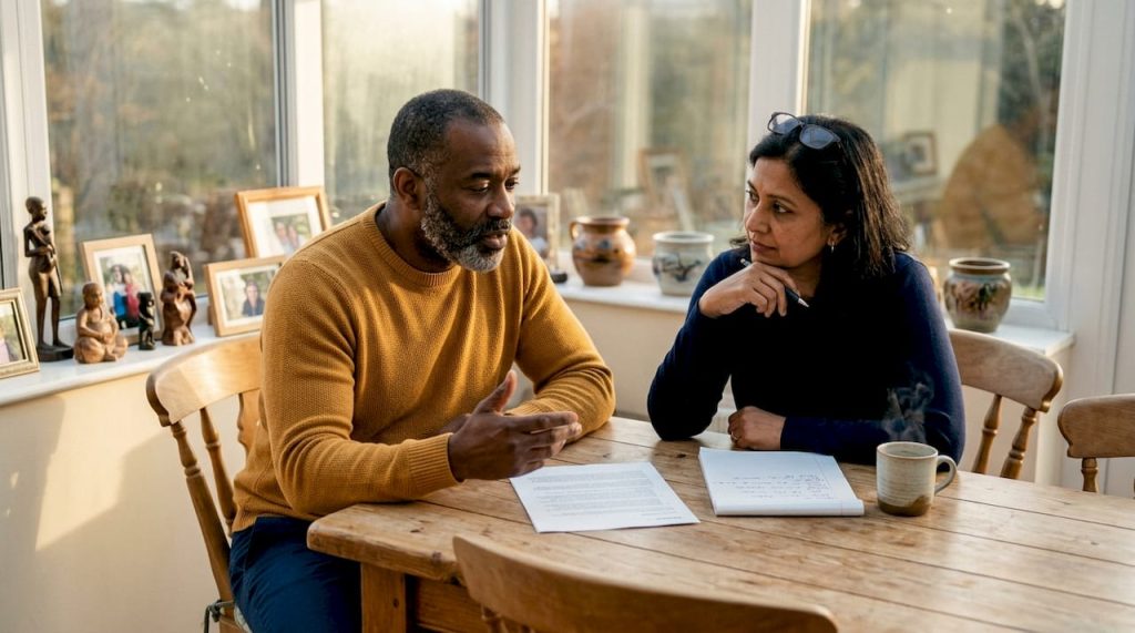 Middle-aged couple discussing communication agreement at home
