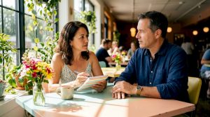 Couple communicating seriously at home table
