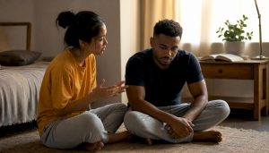 Couple having a tense discussion in living room