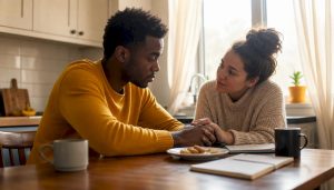 Couple in emotional conversation on sofa