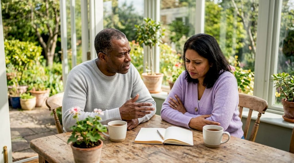 Couple in tense discussion at kitchen table