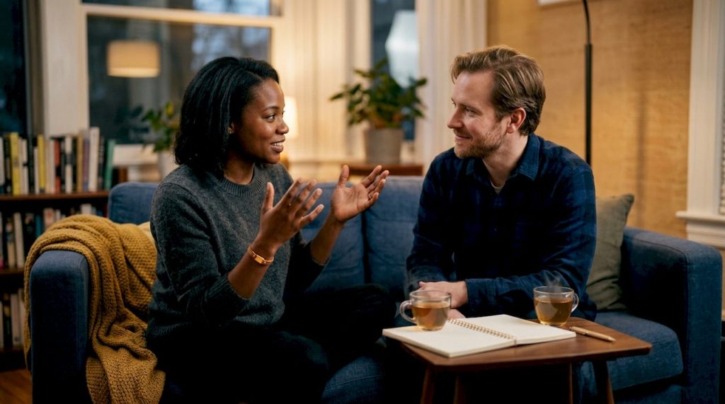 Couple respectfully discussing disagreement at kitchen table