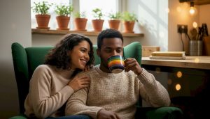 Couple calmly sitting together on sofa