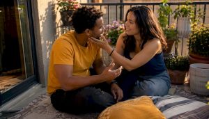 Couple connecting emotionally on couch
