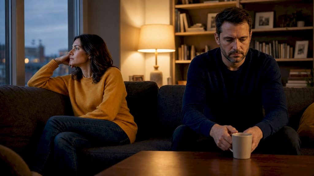 Couple emotionally withdrawn sitting apart on sofa