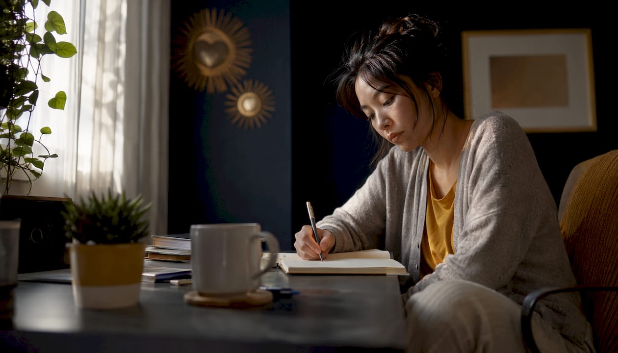 Woman writing in journal at home desk