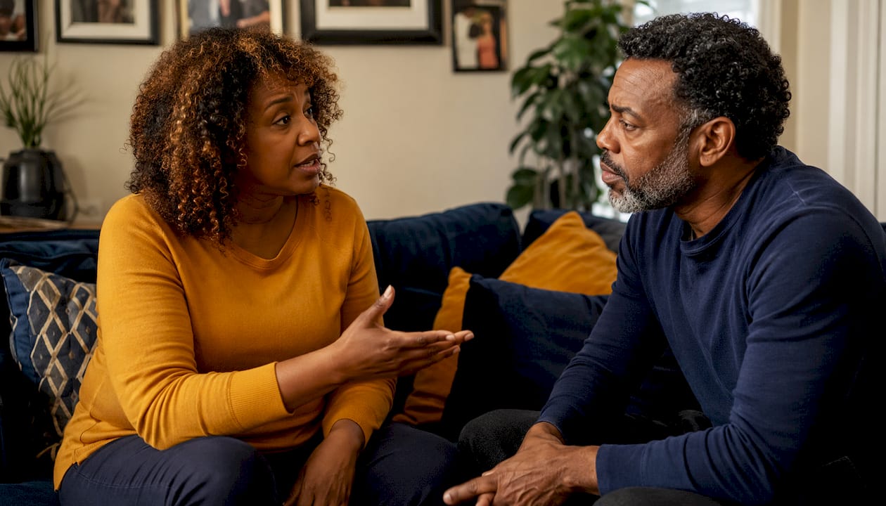 Couple having serious discussion at kitchen table