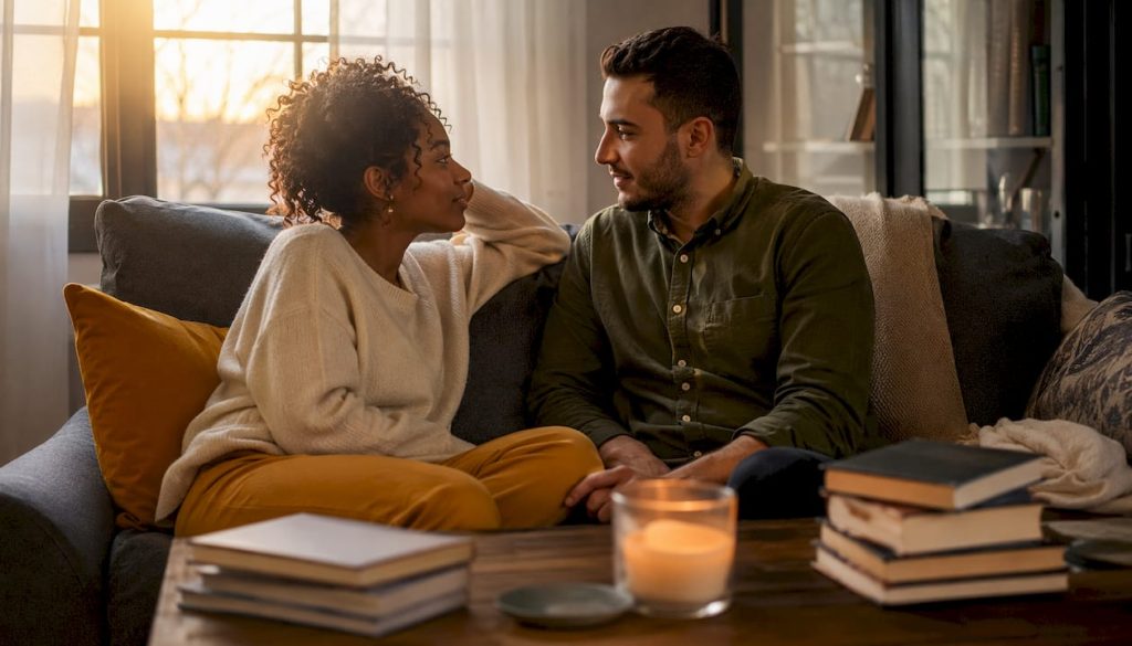 Young couple having intimate conversation on couch