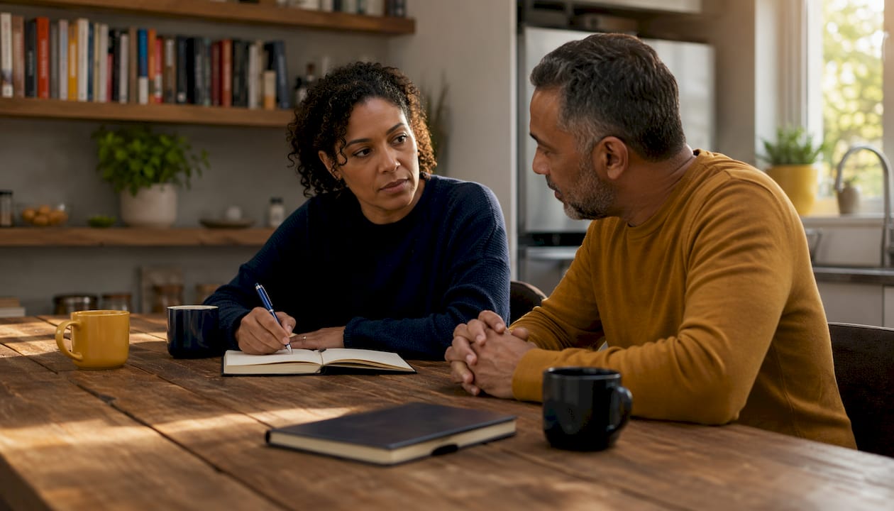 Couple discussing signs of codependency at home