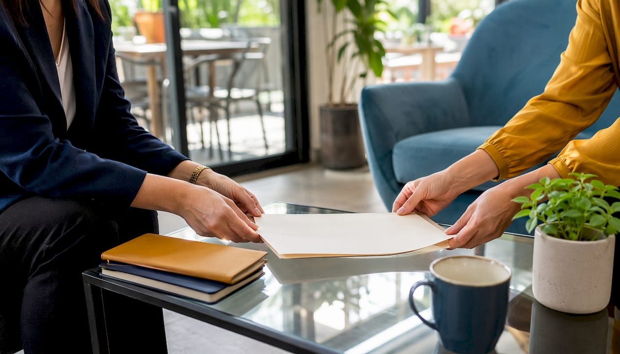 Hands placing boundary document on therapist desk