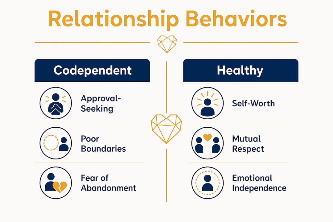 Infographic contrasting codependent and healthy relationship behaviors