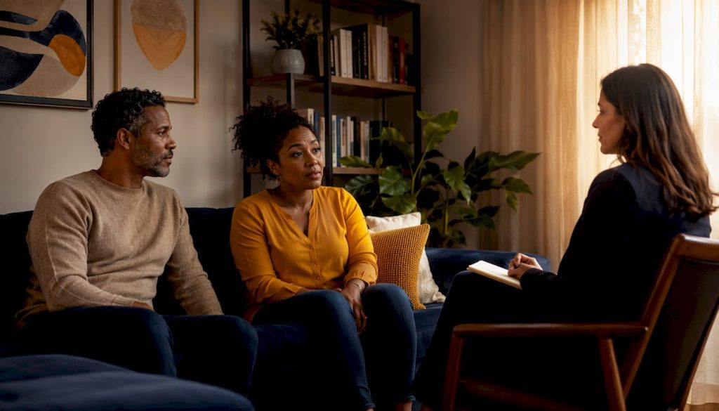 Couple in therapy session with therapist