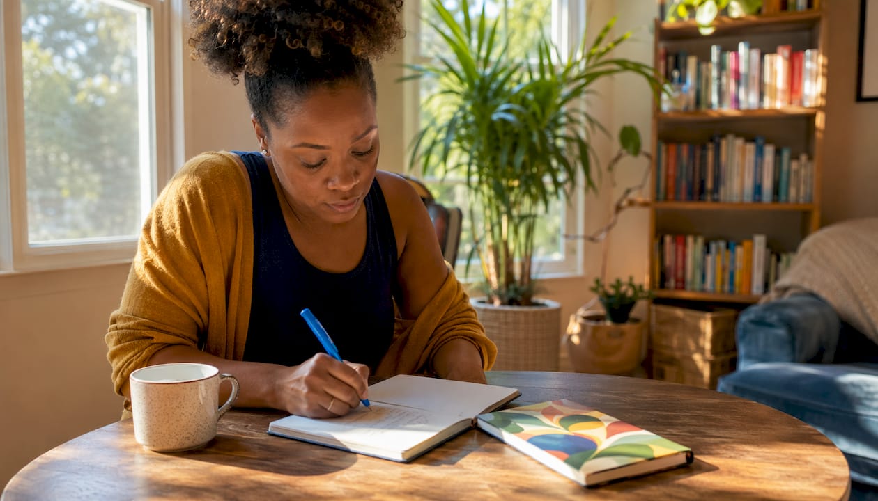 Woman writing couples therapy homework notes