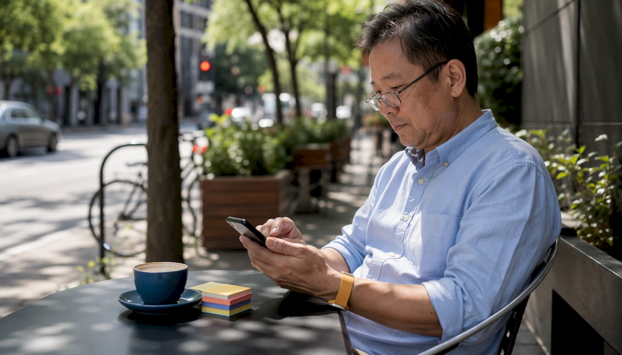 Man using relationship app on smartphone at café