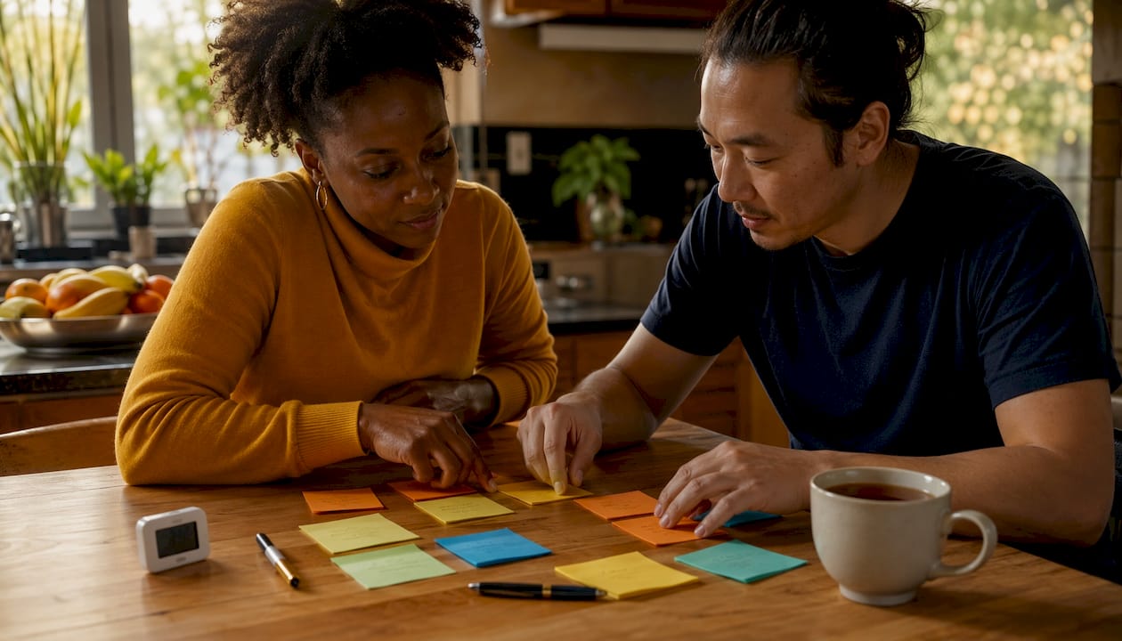 Hands placing sticky notes during vision workshop