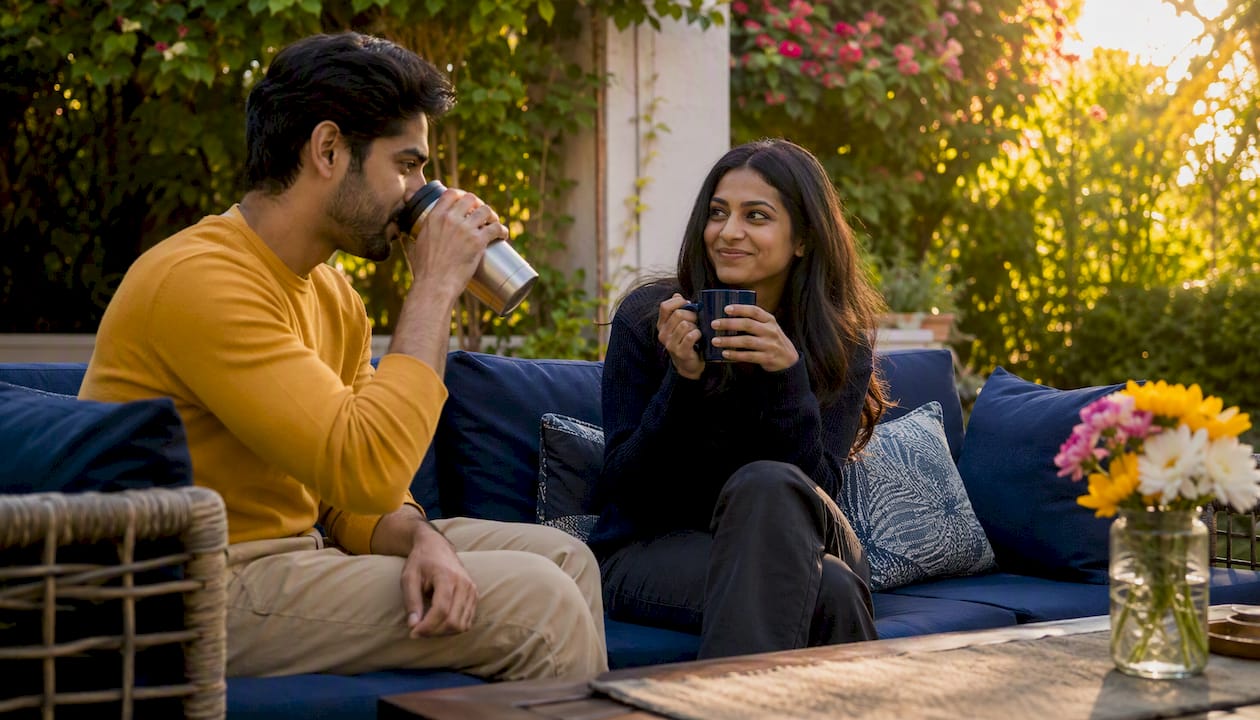 Couple sharing informal conversation on sofa