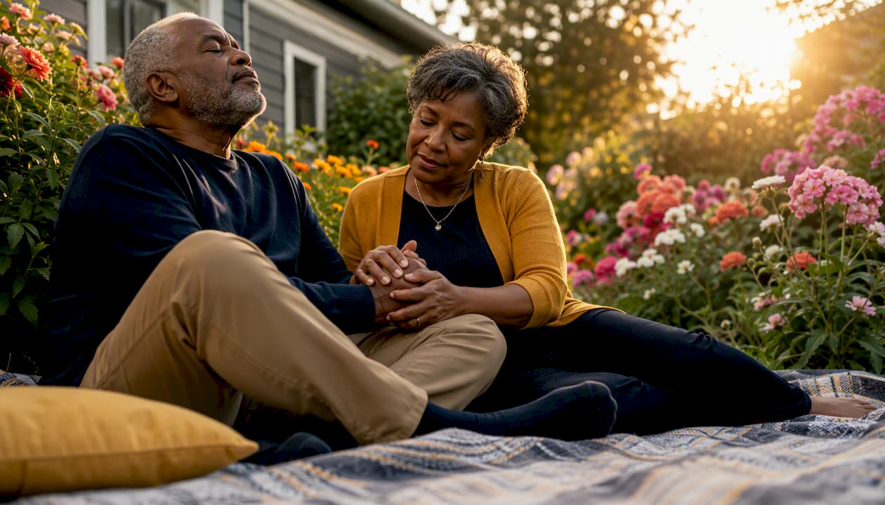 Couple practicing calming touch outdoors