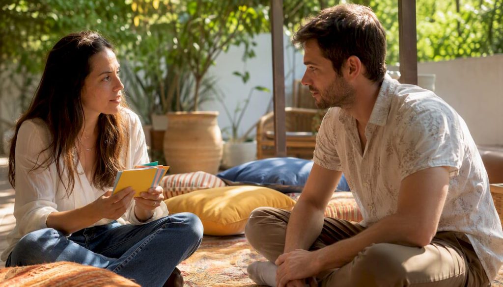 Couple doing communication exercise at home