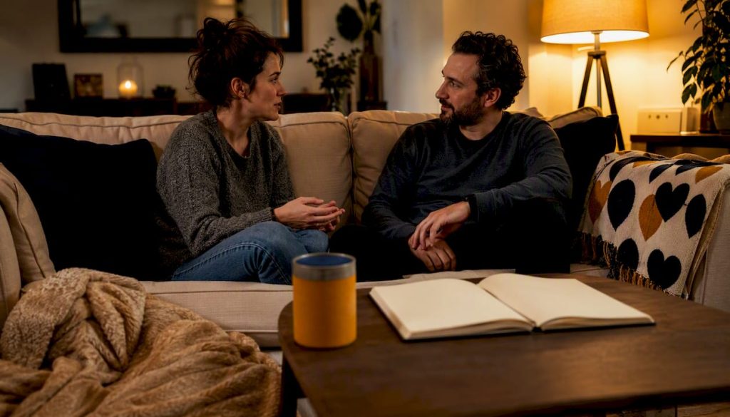 Couple practicing active listening exercise at home