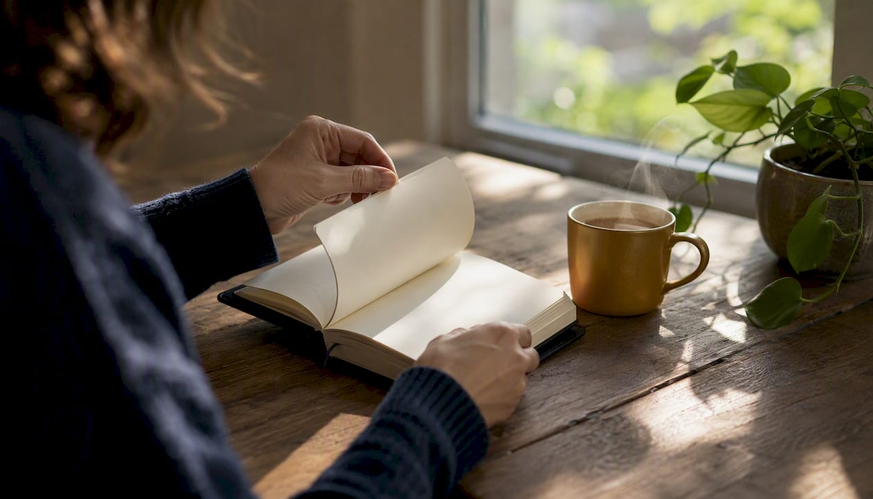 Hands opening a blank journal for mindful daily practice