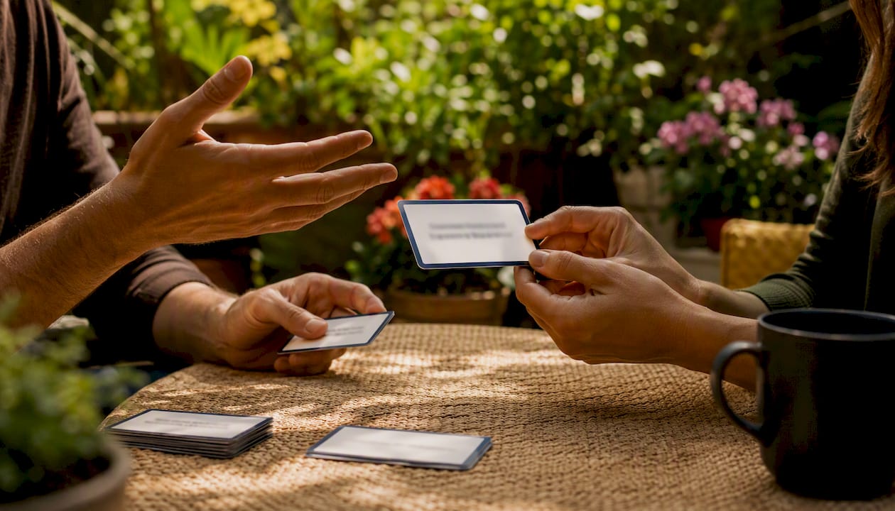 Hands practicing boundary conversation with cards