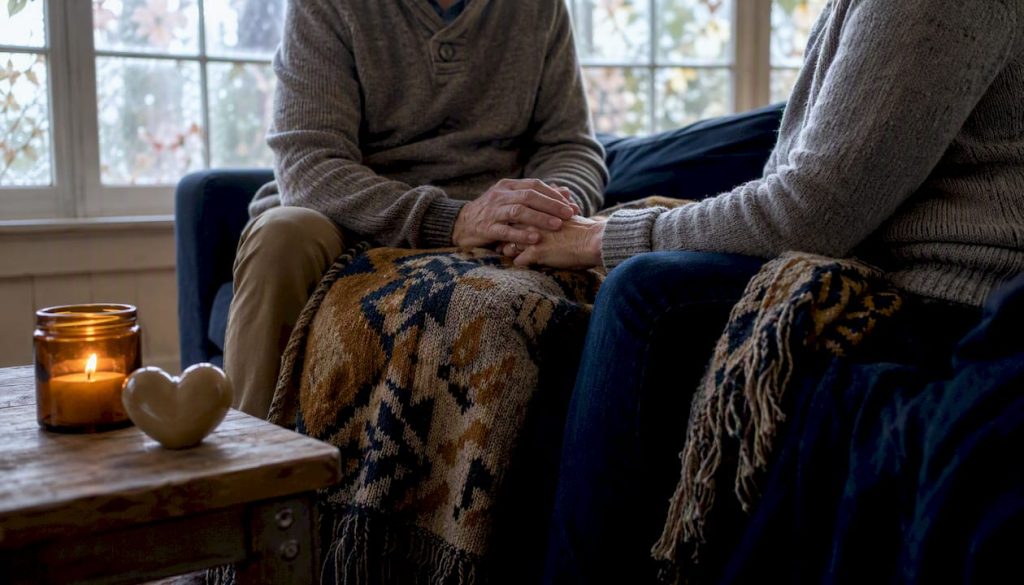 Couple gently holding hands on sofa