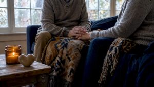 Couple gently holding hands on sofa