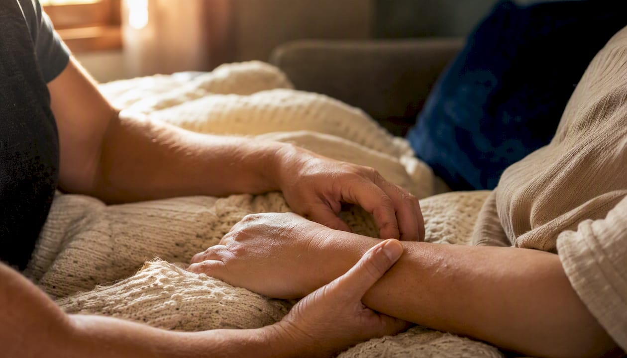 Tender wrist touch comforting partner