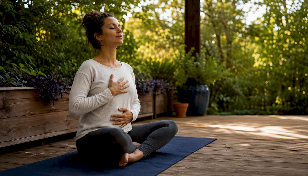 Woman practicing grounding breathing exercise