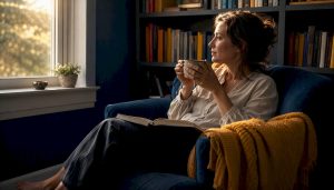 Woman quietly reflecting with tea