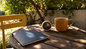 Timer, tea, and notebook for couple check-in