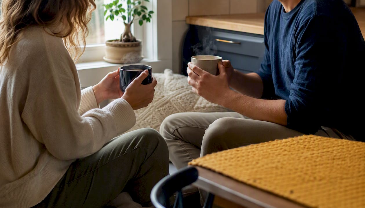 Couple enjoying a lighthearted moment with tea