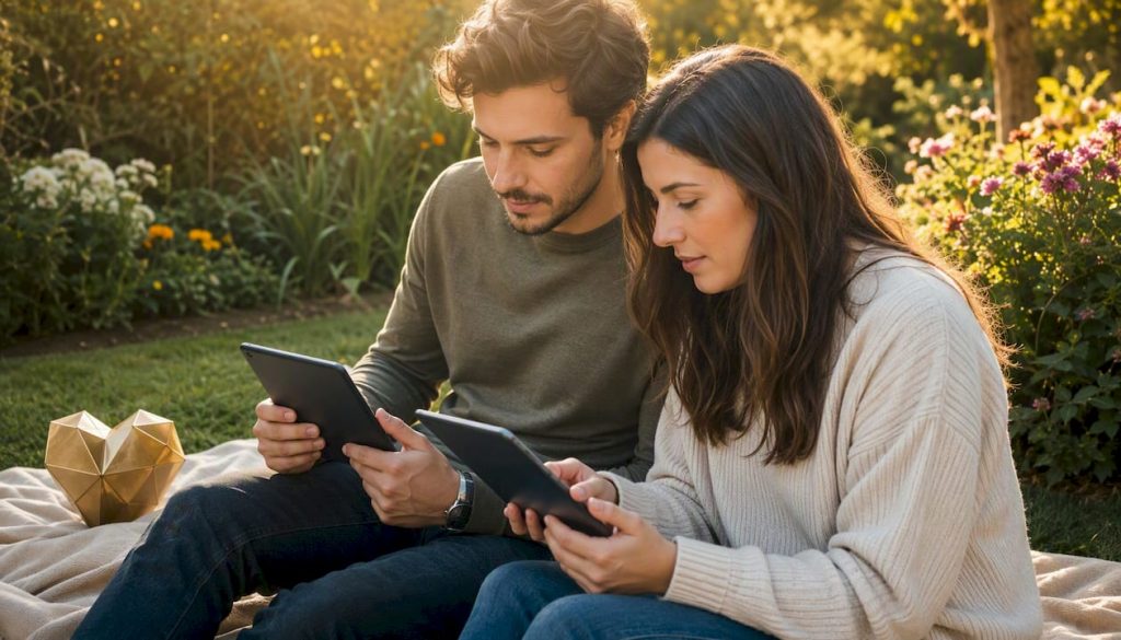 Couple taking relationship quiz on tablets