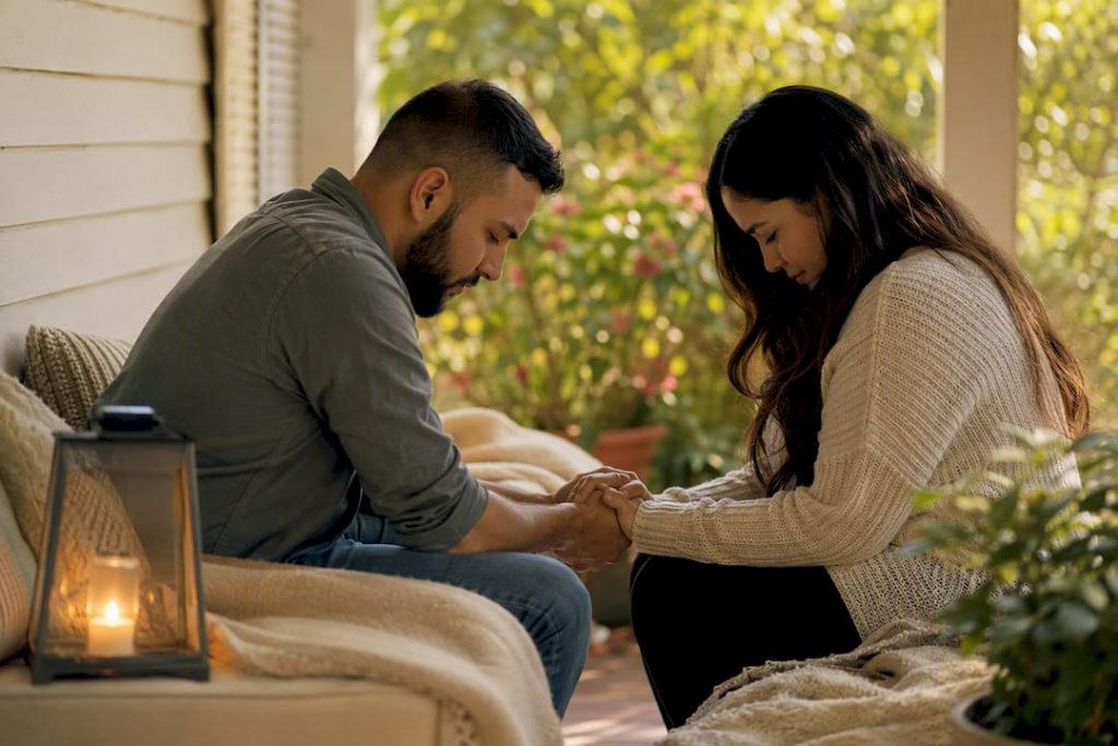 Couple praying together at home
