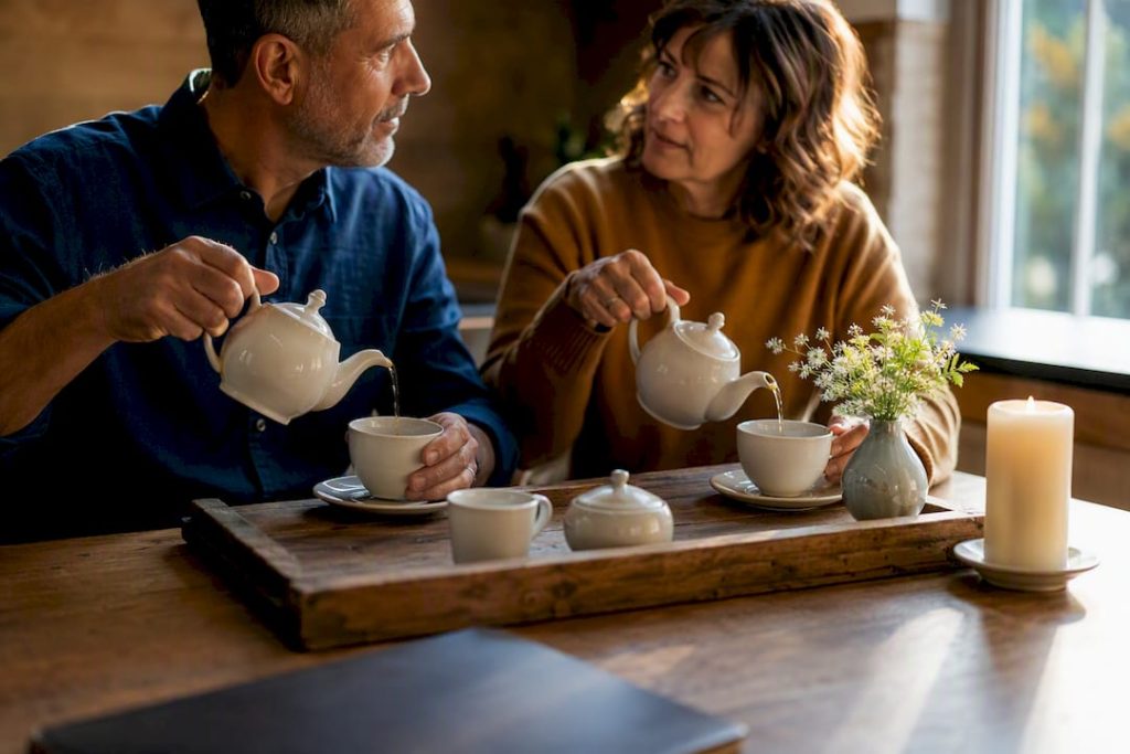 Couple pouring tea in living room for calm talk
