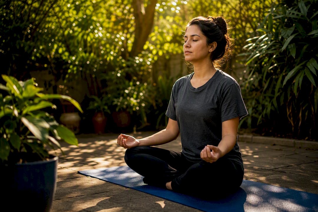 Woman practicing calming breath exercise in bedroom