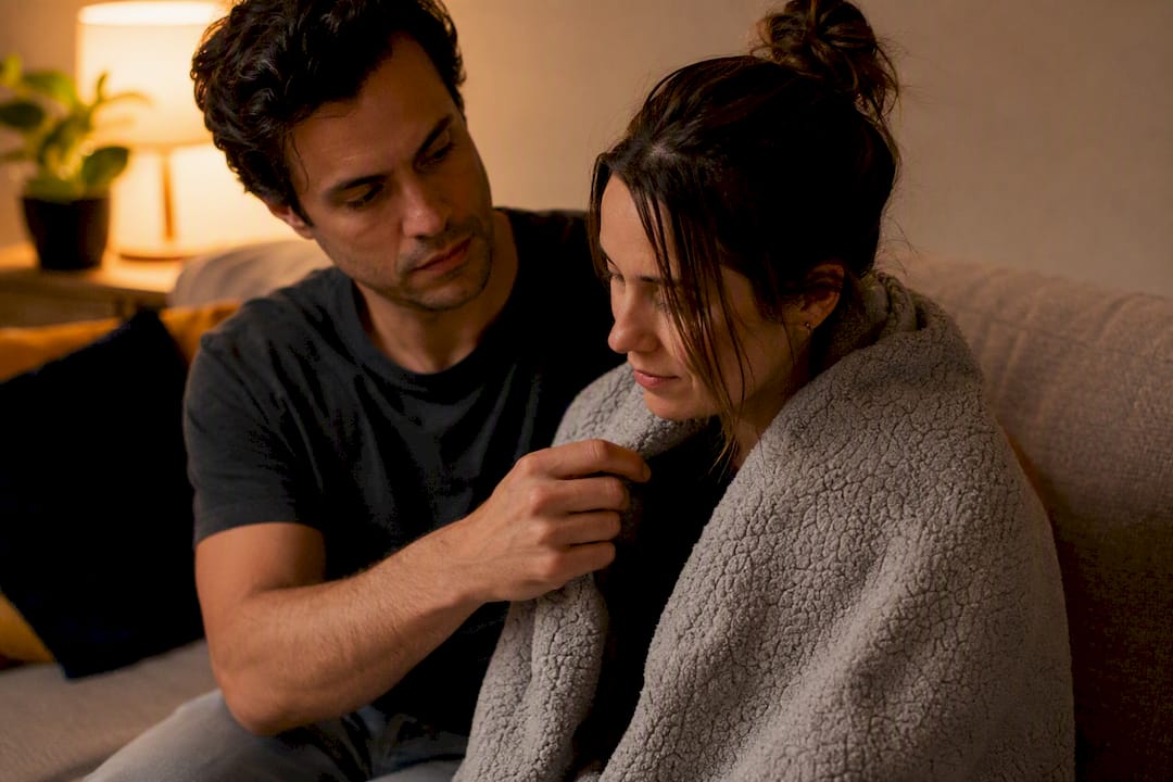 Hands helping partner with sweater